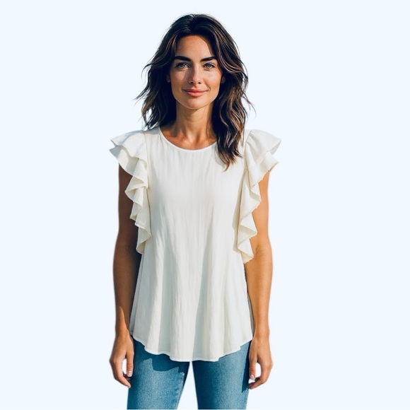 Calvin Rucker Short Sleeve White XS Frayed Ruffle Accents Blouse - Picture 1 of 4